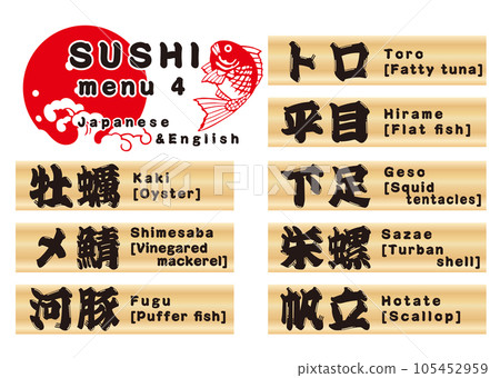 Sushi wooden plate menu set Japanese & English 4 Sushi wooden plate menu set Japanese & English 4 105452959