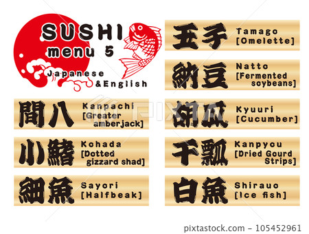 Sushi wooden plate menu set Japanese & English 5 Sushi wooden plate menu set Japanese & English 5 105452961