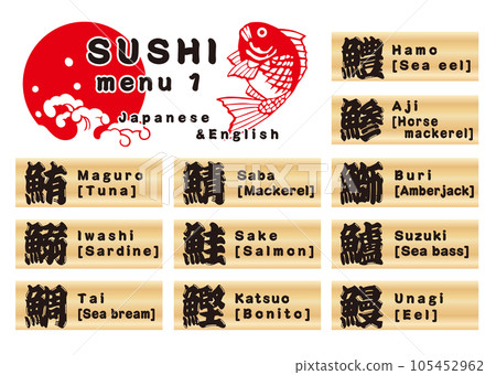 壽司木盤菜單套裝日文和英文 1 壽司木盤菜單套裝日文和英文 1 105452962