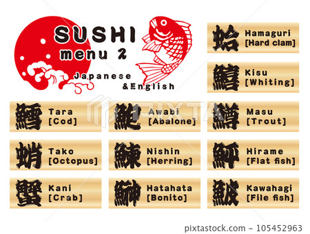 Sushi wooden plate menu set Japanese & English 2 Sushi wooden plate menu set Japanese & English 2 105452963