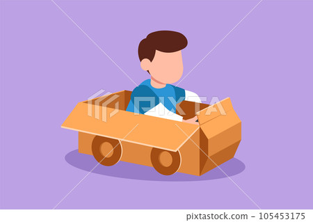 Graphic flat design drawing adorable little boy driving cardboard car. Happy children ride on toy car made of cardboard. Creative kids plays with his cardboard car. Cartoon style vector illustration 105453175