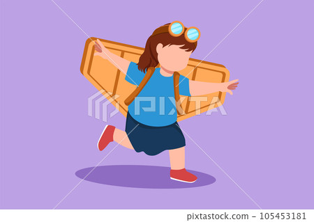 Cartoon flat style drawing happy pretty little girl play toy plane cardboard. Children playing toy plane cardboard. Creative game for kids in an astronaut costume. Graphic design vector illustration Cartoon flat style drawing happy pretty little girl play toy plane cardboard. Children playing toy plane cardboard. Creative game for kids in an astronaut costume. Graphic design vector illustration 105453181