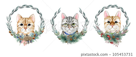 Cute cat faces with winter time floral wreath set. Watercolor illustration. Hand drawn funny kittens with winter decor collection. Cute cat portrait in wreath decoration. White background 105453731