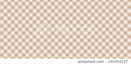 Diagonal gingham seamless pattern. Beige and white vichy background texture. Checkered tweed plaid repeating wallpaper. Natural nude fabric and textile swatch design for print. Vector backdrop  105454237