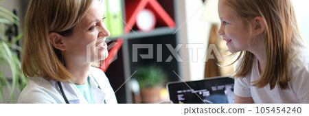 Female doctor making ultrasound scanning examination for young girl at hospital. Female doctor making ultrasound scanning examination for young girl at hospital. 105454240