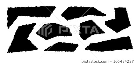 Set of torn paper pieces. Black cutout shapes with jagged edges. Ripped different fragments collection. Textured grunge element bundle for collage, text box, banner, sticker. Vector illustration 105454257