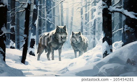 Wolves in winter forest 105454281