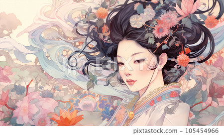 手绘卡通唯美的花丛中的东方女人插画 105454966