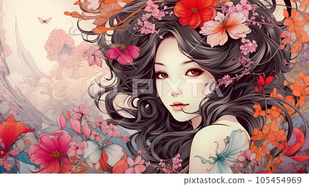 手绘卡通唯美的花丛中的东方女人插画 手绘卡通唯美的花丛中的东方女人插画 105454969