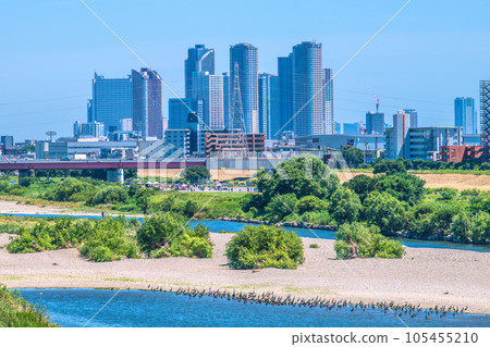 日本川崎的街景 夏天,酷熱……多摩川的景色、成群的水鳥、武藏小杉站前的塔樓公寓等。 日本川崎的街景 夏天,酷熱……多摩川的景色、成群的水鳥、武藏小杉站前的塔樓公寓等。 105455210