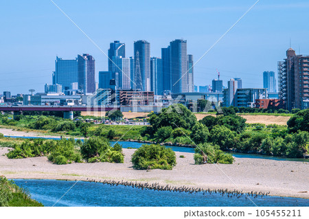 日本川崎的街景 夏天,酷熱……多摩川的景色、成群的水鳥、武藏小杉站前的塔樓公寓等。 日本川崎的街景 夏天,酷熱……多摩川的景色、成群的水鳥、武藏小杉站前的塔樓公寓等。 105455211