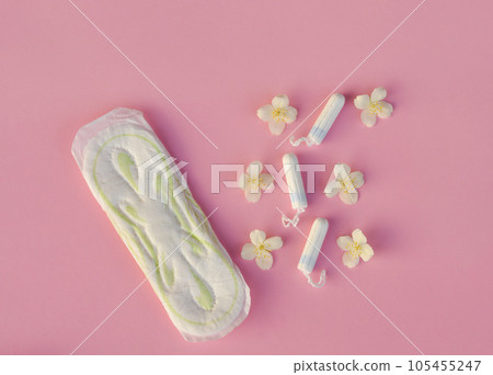 Women's and gynecological health care. Menstrual cycle. Hygiene care during critical days. Tampon woman Clean and safe Menstruation, means of protection. Women's and gynecological health care. Menstrual cycle. Hygiene care during critical days. Tampon woman Clean and safe Menstruation, means of protection. 105455247