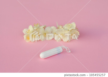 Women's and gynecological health care. Menstrual cycle. Hygiene care during critical days. Tampon woman Clean and safe Menstruation, means of protection. Women's and gynecological health care. Menstrual cycle. Hygiene care during critical days. Tampon woman Clean and safe Menstruation, means of protection. 105455257