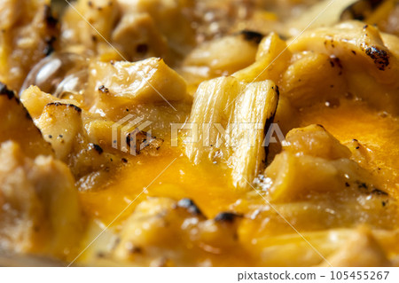 Yakitori (Negima) egg binding cooking scene. Leftover yakitori remake image. 105455267