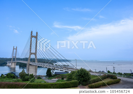 Suspension bridge "Twin Bridge Noto" connecting Honshu and remote island Noto Island and blue sky|Nanao City, Ishikawa Prefecture Suspension bridge "Twin Bridge Noto" connecting Honshu and remote island Noto Island and blue sky|Nanao City, Ishikawa Prefecture 105456724