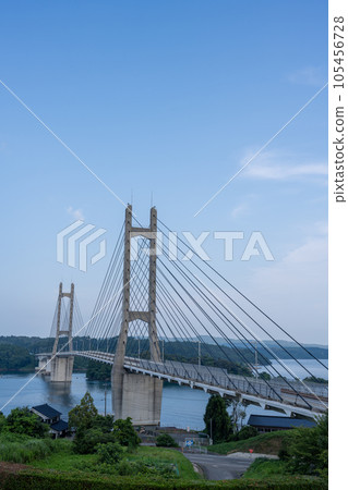 Suspension bridge "Twin Bridge Noto" connecting Honshu and remote island Noto Island and blue sky|Nanao City, Ishikawa Prefecture Suspension bridge "Twin Bridge Noto" connecting Honshu and remote island Noto Island and blue sky|Nanao City, Ishikawa Prefecture 105456728