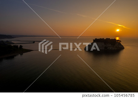 Drone | Aerial photograph of Oku-Noto's sightseeing spot Mitsukejima (also known as Gunkanjima) and sunrise in a refreshing morning | Suzu City, Ishikawa Prefecture Drone | Aerial photograph of Oku-Noto's sightseeing spot Mitsukejima (also known as Gunkanjima) and sunrise in a refreshing morning | Suzu City, Ishikawa Prefecture 105456785