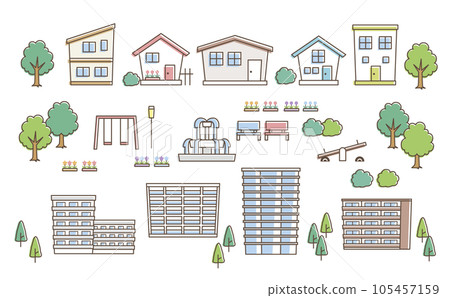住宅區各種建築物的插圖 住宅區各種建築物的插圖 105457159