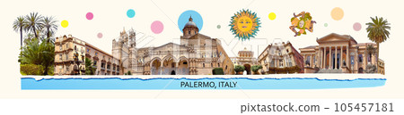 Palermo, Italy postcard - travel place landmark photo collage. 105457181