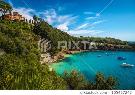 Picturesque bay near Lerici with anchored boats and yachts, Italy Picturesque bay near Lerici with anchored boats and yachts, Italy 105457242