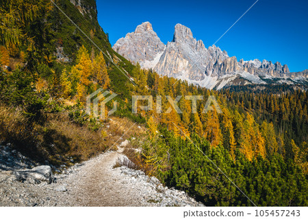 Gravel hiking trail in the autumn forest, Dolomites, Italy Gravel hiking trail in the autumn forest, Dolomites, Italy 105457243