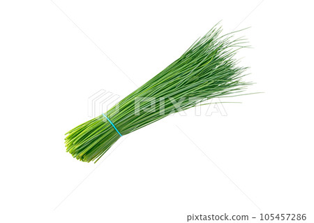 Green chives leaves bunch isolated on white Green chives leaves bunch isolated on white 105457286