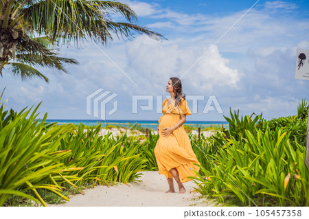 A radiant pregnant woman after 40 basking in the sun's warmth on a tropical beach, cherishing the serenity and bliss of her pregnancy journey A radiant pregnant woman after 40 basking in the sun's warmth on a tropical beach, cherishing the serenity and bliss of her pregnancy journey 105457358