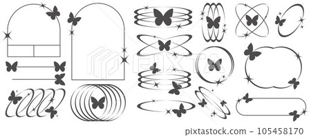 Aesthetic frames and shapes with butterflies. Minimal y2k outline graphic design with sparkles. Abstract minimalistic arches borders. Trendy boho geometric templates set. Vector illustration. 105458170