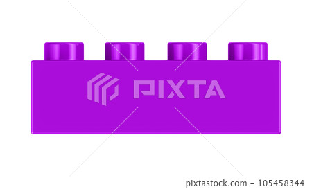 Magenta Purple Lego Block Isolated on a White Background. Close Up View of a Plastic Children Game Brick for Constructors, Front View. High Quality 3D Rendering with a Work Path. 8K Ultra HD 105458344