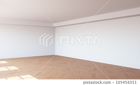 Corner of the Sunlit Interior with White Walls, a White Ceiling and Cornice, Glossy Herringbone Parquet Floor, and a White Plinth. Unfurnished Room Concept. 3D render, 8K Ultra HD, 7680x4320, 300 dpi 105458351