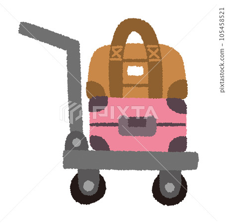 Hand-drawn vector illustration of a trolley carrying a carry-on bag, carry-on case, and travel bag 105458521