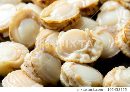 煎鍋裡煎扇貝的烹飪場景。 煎鍋裡煎扇貝的烹飪場景。 105458555