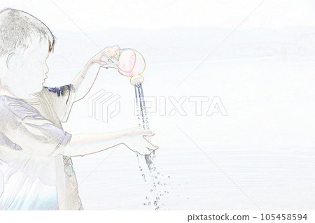 柔和的色調“男孩在水里玩玩具噴壺”插圖圖像 105458594