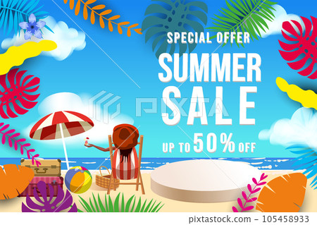 Summer sale banner. Tropical beach, woman in the beach chair, stage, surf, umbrella, palm leaves, sky, cloud Summer sale banner. Tropical beach, woman in the beach chair, stage, surf, umbrella, palm leaves, sky, cloud 105458933