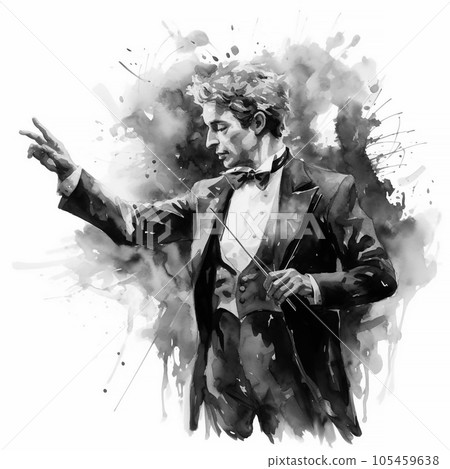 An illustration of a conductor of a orchestra black and white with a bright red watercolor splash, isolated on a white background, made by hand. 105459638