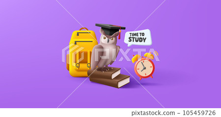Back to scool banner with 3d illustration of owl in graduation hat sitting on books with backpack and clock and speech bubble, education 105459726