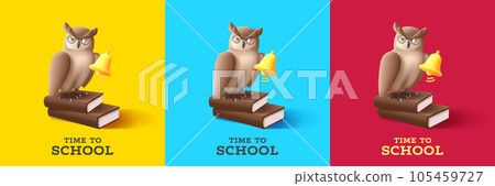 Education leaflets or flyers with owl in glasses sitting on books with bell ringing, back to school, 3d illustration 105459727