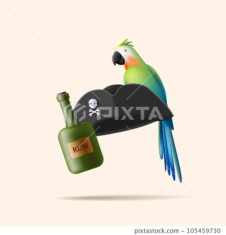 Pirate 3d composition with capotan triange siling hat with skull and bones symbol, parrot and bottle of rum, digital illustration 105459730