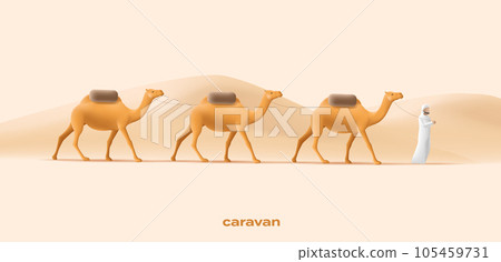 Cameleer men with camels caravan in a desert landscape, man leading animals and goods, 3d illustration 105459731