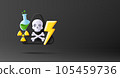 3d render illustration of nuclear and chemical danger with scull and bones sign and glass chemical breaker, black triangle 105459736