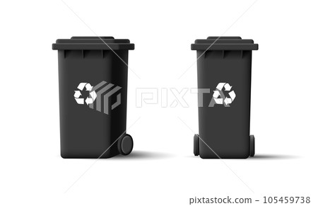 Garbage black trash cans, waste recycle bins. 3d illustration of street container with wheels front and side view with lid 105459738