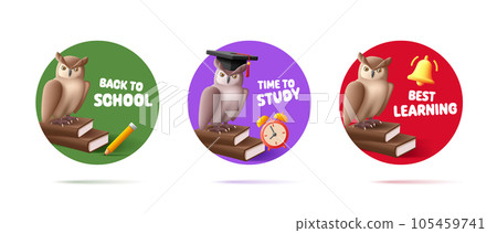 Education round stickers or labels with owl sitting on books with different school objects and quote, 3d illustration Education round stickers or labels with owl sitting on books with different school objects and quote, 3d illustration 105459741