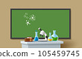 Interior of school chemical laboratory with table and board, microscope, flasks and tubes. Experiment in chemistry classroom in school. 3d illustration 105459745