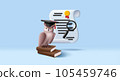 3d owl illustration in graduation cap and diploma or certificate with stamp, education degree 105459746