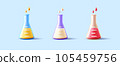 Laboratory equipment set of glass triangle beackers with coloured liquid, 3d render icon, poison or medicine 105459756