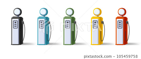 Retro style Gas station illustration with round price board and hose, 3d soft render style graphics in different colors icons 105459758