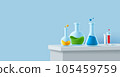 Laboratory table with glass beackers of different shapes and with coloured liquid, 3d render icon 105459759
