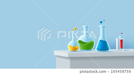 Laboratory table with glass beackers of different shapes and with coloured liquid, 3d render icon 105459759