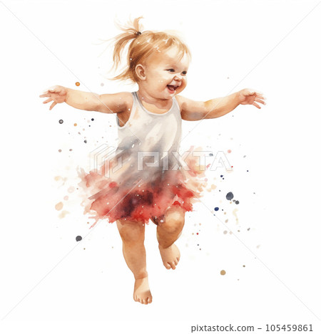Cute smiling little girl in a beautiful dress on a white background. Hand-painted lovely baby. Nice illustration for t-shirts, posters, birthday. Ideal for printing and card making. Cute smiling little girl in a beautiful dress on a white background. Hand-painted lovely baby. Nice illustration for t-shirts, posters, birthday. Ideal for printing and card making. 105459861