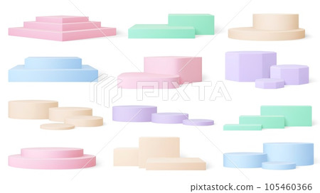3d pedestals pastel colors. Empty podium realistic elements. Museum or exhibition stages, sale show podiums. Isolated scenes pithy vector collection 3d pedestals pastel colors. Empty podium realistic elements. Museum or exhibition stages, sale show podiums. Isolated scenes pithy vector collection 105460366